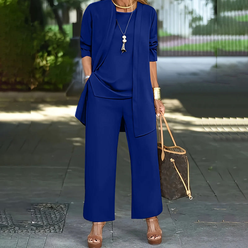 π 50% OFF! π Elegant Women's Relaxed Fit 3-Piece Set β Minimalist Wide-Leg Pants, Cardigan & Top in Luxe Stretch Fabric ππ