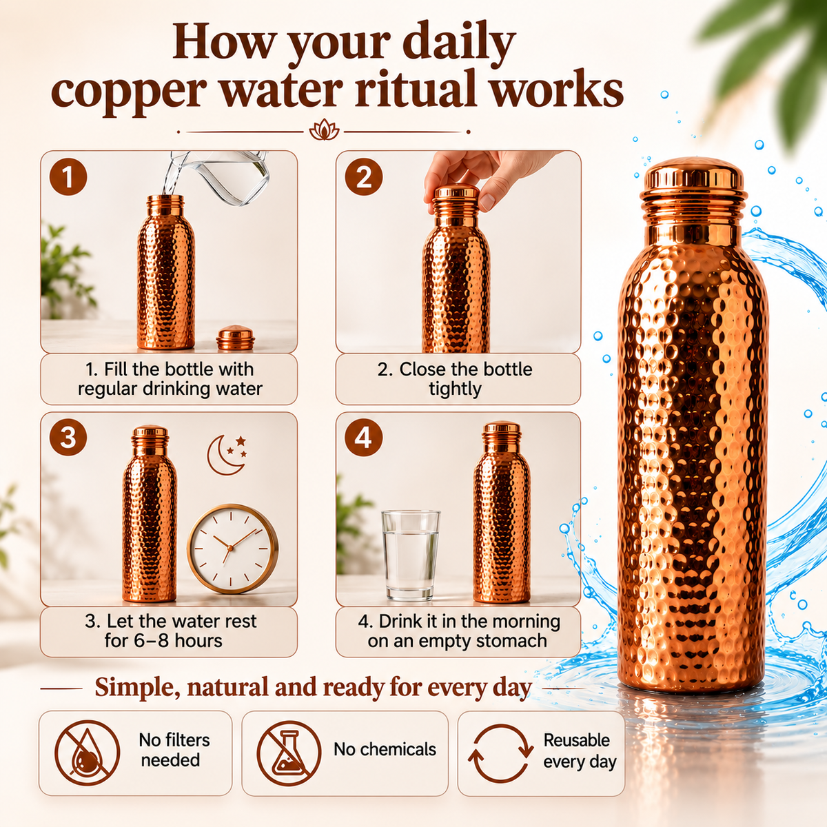 💧Premium Water Bottle Made of 100% Solid Copper – Plastic-Free and Inspired by Ayurveda