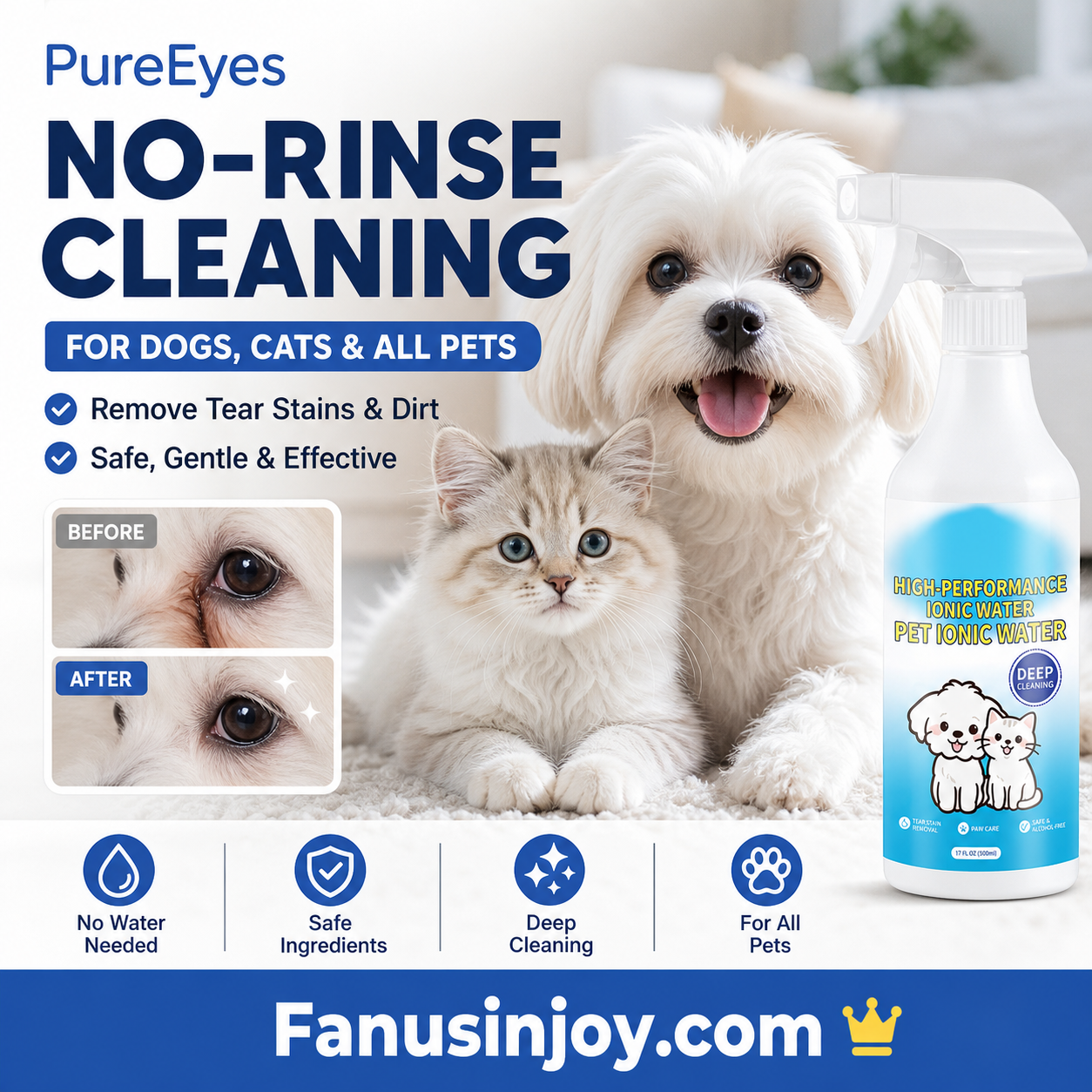 🐶Pet Ionic Water Cleaning Spray – tear stain removal, waterless grooming, mild safe formula, multi-pet compatible. Household pet daily care essential!
