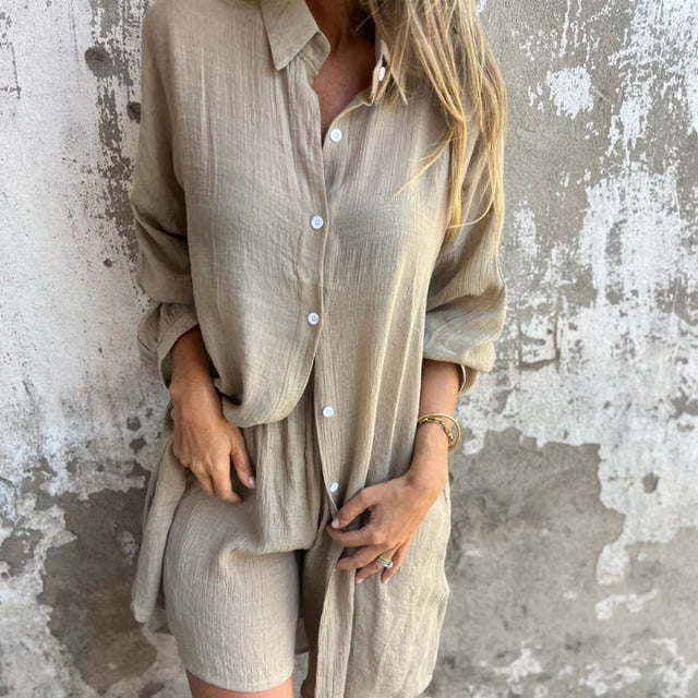 ✨Long Sleeve Shirt & Shorts Set: Women's Casual 2-Piece, Soft Fabric for All-Day Wear