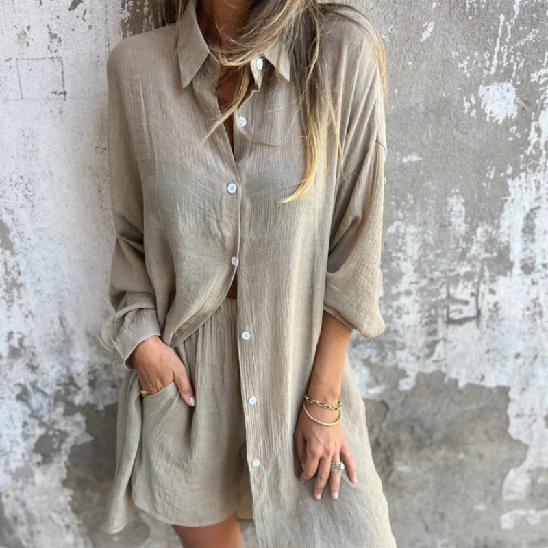 ✨Long Sleeve Shirt & Shorts Set: Women's Casual 2-Piece, Soft Fabric for All-Day Wear