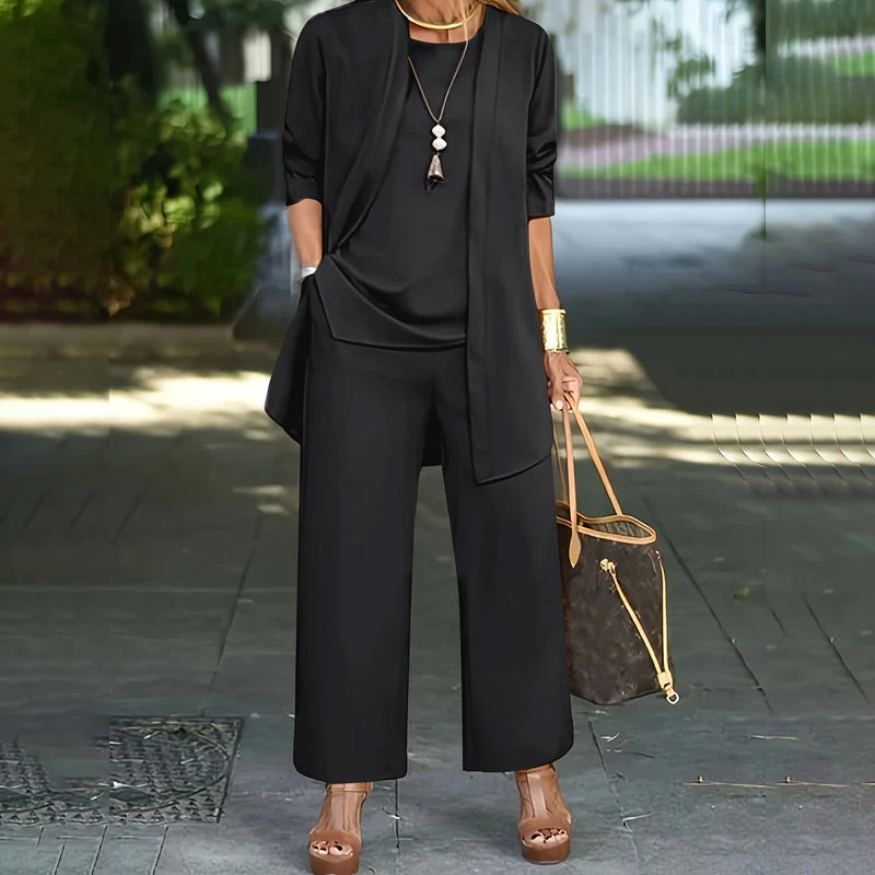 💎 50% OFF! 💎 Elegant Women's Relaxed Fit 3-Piece Set – Minimalist Wide-Leg Pants, Cardigan & Top in Luxe Stretch Fabric 🌟👚